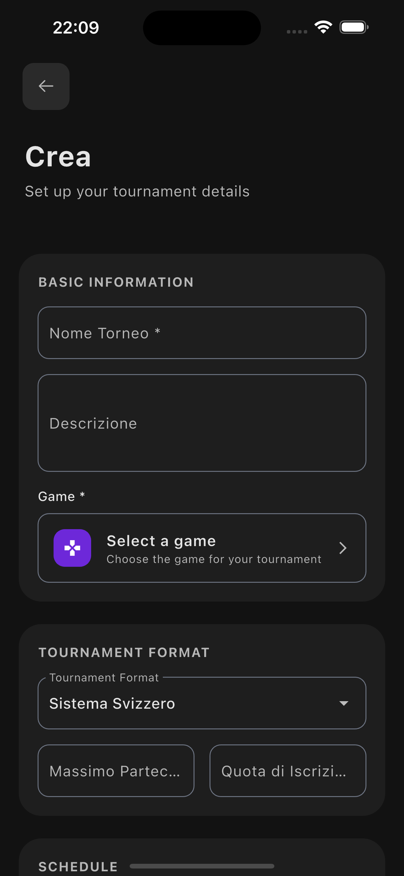 Interfaccia creazione tornei e sfide